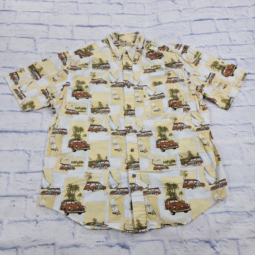 Royal Palm Hawaiian Shirt MENS M Yellow Multicolor Cars Woody Wagon Button VTG